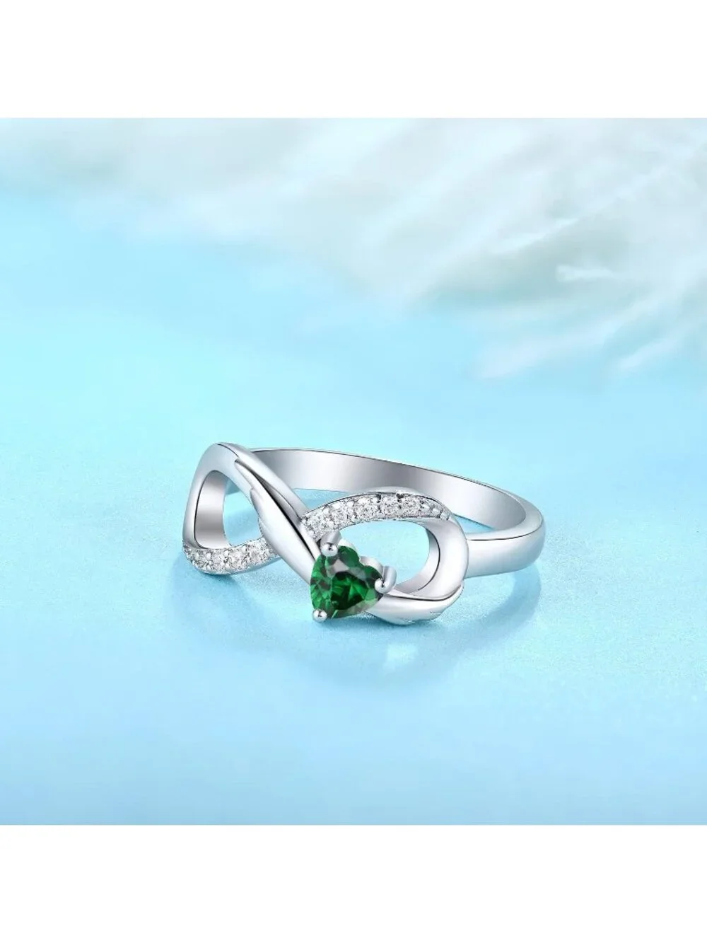 Women's Emerald 925 Sterling Silver Infinity Promise Angel Wings Heart Ring